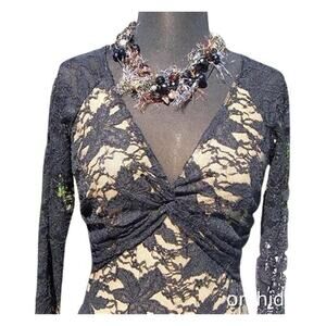 Cache Sheer Illusion Lace Open Back Nude Mesh Front Ruched Top New Stretch $108
